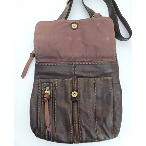 Fossil Morgan Traveler Brown Pebbled Leather Crossbody Lg Messenger Bag - Picture 7 of 11